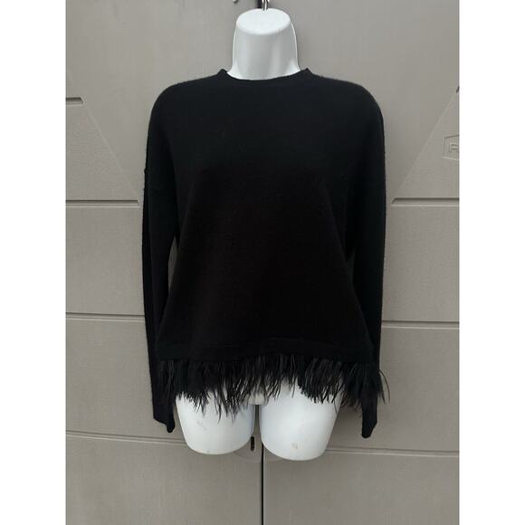 C by Bloomingdale's Black Ostrich Feather Trim Cashmere Crewneck Sweater Sz S - Picture 3 of 15